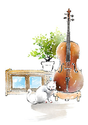 PSD 동물 한마리 화분 일러스트 캘리그라피 붓터치 사람없음 고양이 창가 번짐 첼로 반려 국내일러스트 1 창문 포유류 반려동물 파일형식 찰현악기 효과