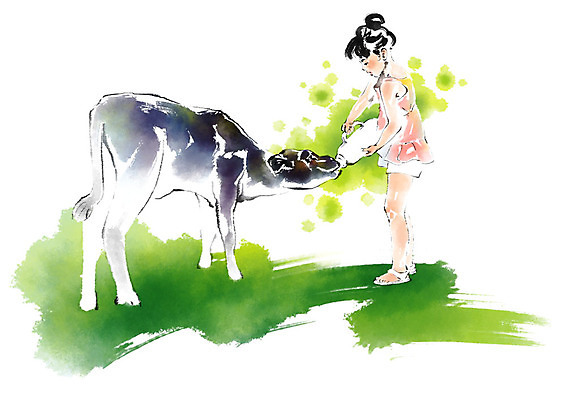 전신 PSD 한마리 여자 어린이라이프 어린이 일러스트 캘리그라피 붓터치 한명 사람 우유병 먹여주기 번짐 송아지 소녀한명만 국내일러스트 1 라이프스타일 새끼 병_용기 우유 소 먹기 여자한명만 소녀만 파일형식 효과