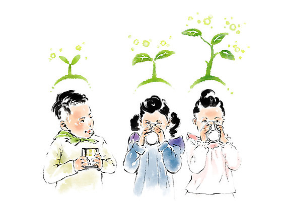 PSD 여자 남자 어린이라이프 어린이 일러스트 캘리그라피 붓터치 사람 상반신 세명 새싹 우유 마시기 번짐 우유잔 어린이만 국내일러스트 식물 라이프스타일 모션 잔 유제품 파일형식 효과