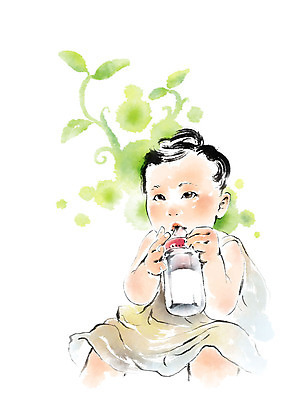 전신 PSD 응시 남자 어린이라이프 일러스트 캘리그라피 붓터치 나뭇잎 한명 사람 앉기 새싹 아기 잡기 젖병 물기 번짐 국내일러스트 식물 1 라이프스타일 시선 어린이 잎 모션 아기용품 파일형식 효과