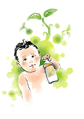PSD 응시 남자 어린이라이프 일러스트 캘리그라피 붓터치 나뭇잎 한명 들기 사람 상반신 새싹 아기 젖병 번짐 국내일러스트 식물 1 라이프스타일 시선 어린이 잎 모션 아기용품 파일형식 효과