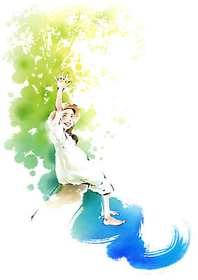 전신 PSD 나무 여자 어린이라이프 어린이 일러스트 캘리그라피 붓터치 한명 미소 사람 앉기 손들기 개울 강가 번짐 챙모자 소녀한명만 국내일러스트 식물 모자_잡화 1 라이프스타일 모션 표정 강 여자한명만 소녀만 파일형식 효과