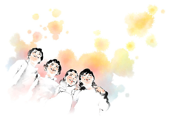 PSD 여자 남자 어린이라이프 어린이 일러스트 캘리그라피 어깨동무 붓터치 미소 사람 여러명 상반신 친구 올려보기 번짐 어린이만 국내일러스트 라이프스타일 포즈 다수 관계 모션 표정 파일형식 효과