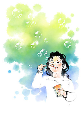 PSD 여자 어린이라이프 어린이 일러스트 캘리그라피 붓터치 한명 사람 상반신 비눗방울 불기 번짐 비눗방울놀이 소녀한명만 국내일러스트 1 라이프스타일 모션 놀이 여자한명만 소녀만 파일형식 효과