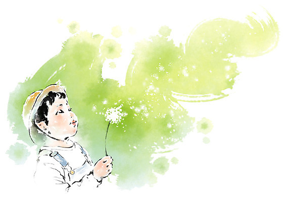 PSD 남자 어린이라이프 어린이 일러스트 캘리그라피 붓터치 한명 사람 상반신 유치원생 번짐 민들레홀씨 유치원모자 소년한명만 바람불기 국내일러스트 모자_잡화 1 라이프스타일 민들레 불기 남자한명만 소년만 파일형식 효과