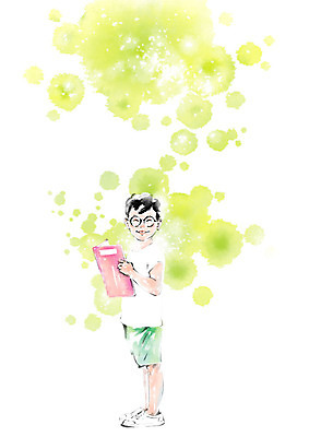 전신 PSD 남자 어린이라이프 어린이 일러스트 캘리그라피 붓터치 한명 서기 미소 들기 사람 책 번짐 소년한명만 안경낌 국내일러스트 1 라이프스타일 안경 모션 표정 남자한명만 소년만 파일형식 효과