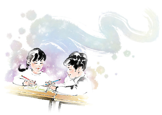 PSD 여자 교육 남자 어린이라이프 어린이 일러스트 캘리그라피 붓터치 미소 사람 앉기 상반신 두명 책 연필 책상 번짐 국내일러스트 라이프스타일 가구 모션 학용품 표정 필기구 파일형식 효과