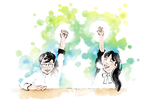 PSD 여자 남자 어린이라이프 어린이 일러스트 캘리그라피 붓터치 미소 사람 앉기 상반신 두명 손들기 발표 번짐 안경낌 국내일러스트 라이프스타일 안경 모션 표정 파일형식 효과