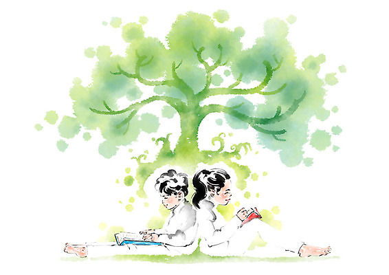 전신 PSD 나무 여자 남자 어린이라이프 어린이 일러스트 캘리그라피 맨발 붓터치 사람 앉기 두명 책 독서 등맞대기 번짐 나무그늘 국내일러스트 식물 라이프스타일 모션 발 그늘 파일형식 효과