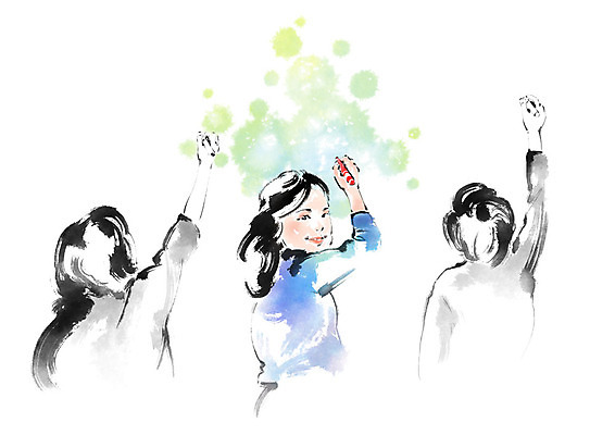 PSD 여자 남자 어린이라이프 어린이 일러스트 캘리그라피 붓터치 미소 사람 상반신 세명 뒤돌아보기 그리기 번짐 국내일러스트 라이프스타일 모션 표정 파일형식 효과