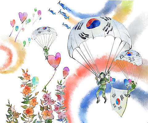 전신 PSD 남자 일러스트 군용기 사람 성인 세명 군인 한국인 하트 태극기 군복 낙하산 풍선 무궁화 현충일 나라사랑 국내일러스트 모양 직업 기념일 꽃 유니폼 비행기 군대 동양인 국기 국군 파일형식 호국보훈의달