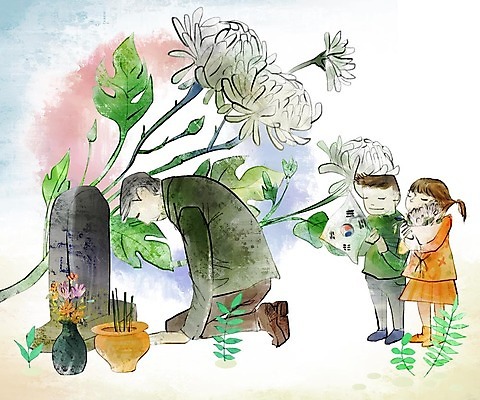 전신 PSD 여자 남자 어린이 꽃다발 일러스트 국화 사람 성인 세명 꽃병 한국인 기도 태극기 비석 현충일 나라사랑 분향 현충원 국내일러스트 기념일 꽃 동양인 국기 파일형식 호국보훈의달