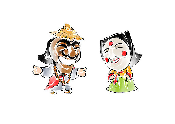 전신 PSD 한국전통 여자 남자 일러스트 캘리그라피 붓터치 사람 성인 두명 한국인 한복 승려 전통탈 염주 승복 삿갓 색시탈 연지곤지 국내일러스트 모자_잡화 전통 전통소품 한국 동양인 전통의상 성직자 불교용품 탈 파일형식