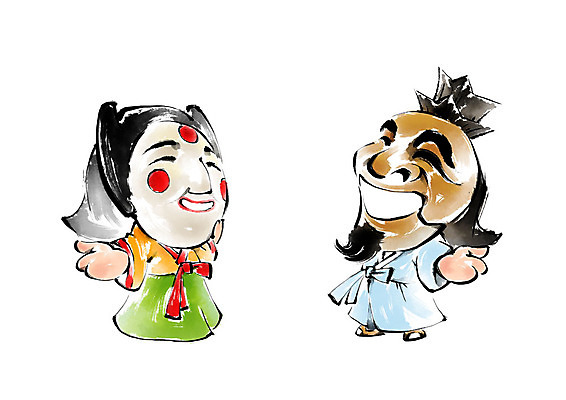 전신 PSD 한국전통 일러스트 캘리그라피 팔벌리기 붓터치 미소 사람 성인 두명 한국인 한복 전통탈 색시탈 연지곤지 국내일러스트 전통 모션 한국 표정 동양인 전통의상 탈 파일형식