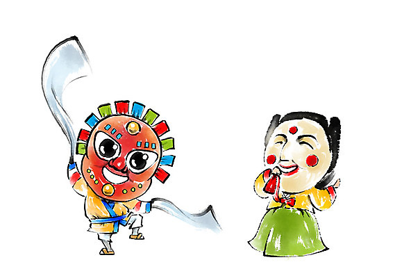 전신 PSD 한국전통 여자 남자 일러스트 캘리그라피 붓터치 사람 성인 두명 한국인 한복 즐거움 탈춤 전통탈 색시탈 연지곤지 옷고름 한삼 국내일러스트 전통 감정 한국 동양인 전통의상 전통공연 전통무용 탈 파일형식