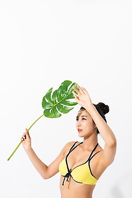 포토 JPG 스튜디오촬영 응시 여자 수영복 나뭇잎 실내 한명 사람 상반신 성인 옆모습 여름 30대 비키니 햇빛 손들기 한국인 얼굴가리기 열대잎 성인여자한명만 국내포토 1 시선 옷 계절 뷰포인트 잎 모션 동양인 내부 장년 태양 가림 여자한명만 성인여자만 파일형식