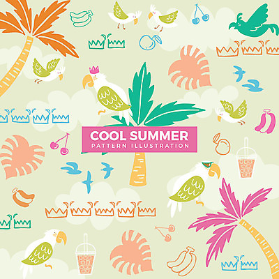 패턴 여러마리 일러스트 조류 왕관 바나나 사람없음 여름 야자수 얼음 체리 사과 앵무새 아이스티 열대잎 국내일러스트 AI파일 자연요소 나무 동물 계절 음료 다수 잎 무늬 과일 파일형식 벡터