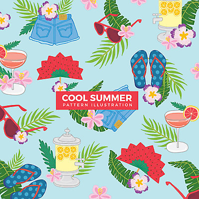 패턴 일러스트 여름음식 슬리퍼 수박 사람없음 여름 선글라스 칵테일 레모네이드 자몽 열대꽃 열대잎 청반바지 제철음식 제철과일 국내일러스트 AI파일 계절 꽃 안경 음식 신발 잎 무늬 과일 바지 주류 에이드 제철 파일형식 벡터 여름_계절
