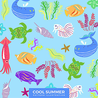 패턴 일러스트 불가사리 사람없음 여름 해조류 거북이 소라 고래 열대어 오징어 열대꽃 국내일러스트 AI파일 계절 꽃 무늬 포유류 파충류 어패류 극피동물 연체동물 어류 수중동물 해양식물 파일형식 벡터