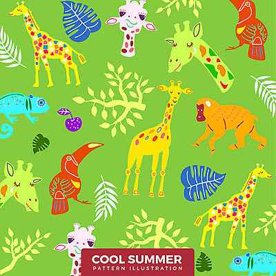 패턴 여러마리 일러스트 나뭇잎 사람없음 여름 나뭇가지 원숭이 기린 앵무새 이구아나 국내일러스트 AI파일 나무 계절 다수 잎 무늬 포유류 파충류 조류 파일형식 벡터