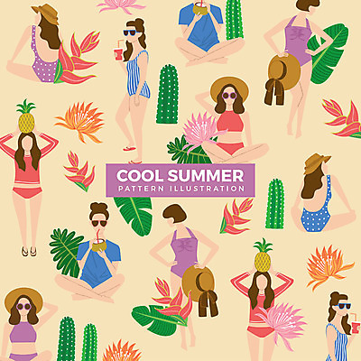 전신 여자 수영복 음료 패턴 일러스트 선인장 서기 들기 사람 앉기 여러명 성인 여름 선글라스 마시기 파인애플 코코넛 열대꽃 열대잎 챙모자 국내일러스트 AI파일 식물 모자_잡화 옷 계절 꽃 안경 다수 잎 무늬 과일 모션 열대과일 파일형식 벡터