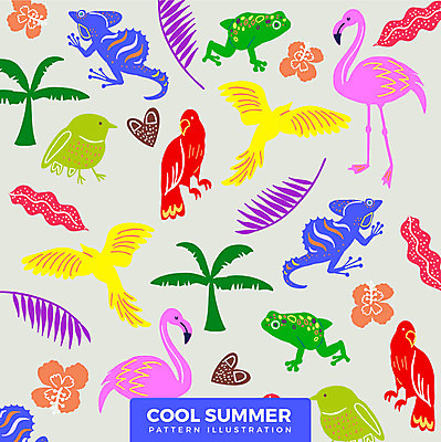 패턴 일러스트 개구리 사람없음 여름 야자수 플라밍고 열대식물 앵무새 이구아나 열대꽃 열대잎 국내일러스트 AI파일 나무 식물 계절 꽃 잎 무늬 파충류 조류 양서류 파일형식 벡터