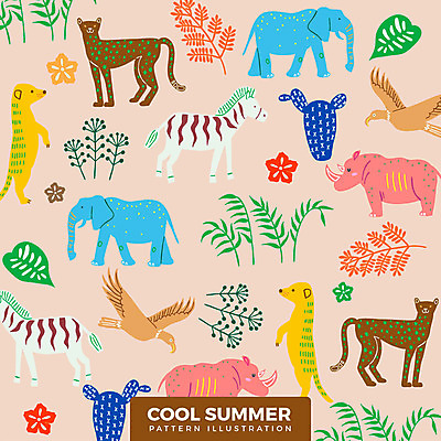 패턴 일러스트 코끼리 선인장 사람없음 여름 독수리 얼룩말 코뿔소 표범 미어캣 열대꽃 열대잎 국내일러스트 AI파일 식물 계절 꽃 잎 무늬 포유류 조류 말_동물 파일형식 벡터