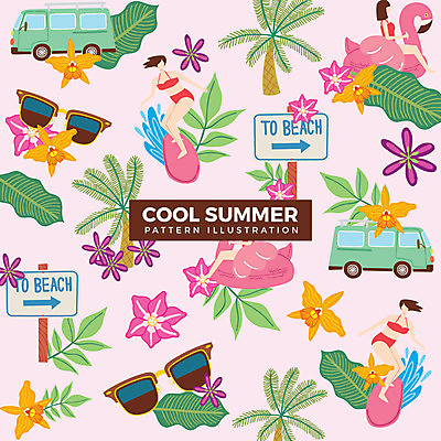 전신 여자 화살표 파도 패턴 일러스트 사람 여러명 성인 여름 비키니 선글라스 야자수 표지판 서핑보드 튜브 캠핑카 열대꽃 열대잎 국내일러스트 AI파일 나무 계절 수영복 꽃 안경 바다 다수 잎 무늬 자동차 알림판 보드_스포츠 파일형식 벡터