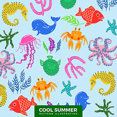 패턴 일러스트 불가사리 사람없음 여름 게 복어 열대어 돌고래 오징어 해파리 해마 해초류 국내일러스트 AI파일 계절 무늬 포유류 극피동물 연체동물 갑각류 어류 바다동물 수중동물 해양식물 자포동물 파일형식 벡터