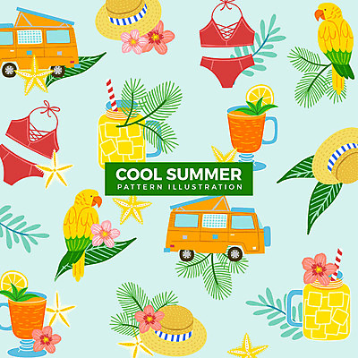 음료 패턴 일러스트 불가사리 빨대 사람없음 여름 비키니 얼음 주스 앵무새 캠핑카 열대꽃 열대잎 챙모자 국내일러스트 AI파일 자연요소 모자_잡화 계절 수영복 꽃 잎 무늬 자동차 조류 극피동물 파일형식 벡터