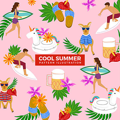 전신 여자 남자 패턴 일러스트 슬리퍼 생맥주 사람 여러명 성인 여름 서핑보드 튜브 캥거루 열대꽃 열대잎 유니콘 국내일러스트 AI파일 계절 꽃 다수 신발 잎 무늬 포유류 맥주 보드_스포츠 파일형식 벡터