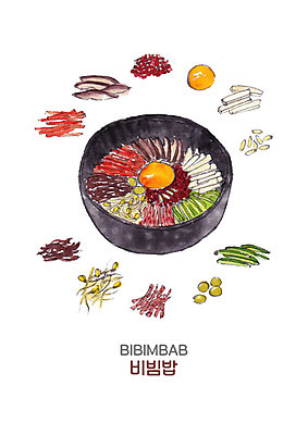 PSD 한식 음식 채소 일러스트 캘리그라피 밥 붓터치 사람없음 버섯 나물 비빔밥 콩나물 노른자 국내일러스트 계란 파일형식