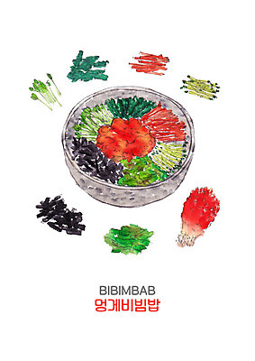 PSD 한식 음식 채소 일러스트 캘리그라피 밥 붓터치 사람없음 비빔밥 멍게 멍게비빔밥 국내일러스트 바다동물 파일형식