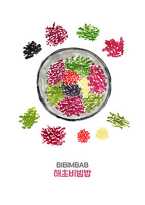 PSD 한식 음식 일러스트 캘리그라피 밥 붓터치 사람없음 비빔밥 해초류 국내일러스트 해양식물 파일형식