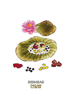 PSD 한식 음식 일러스트 캘리그라피 밥 붓터치 콩 연꽃 사람없음 연잎 대추 비빔밥 밤길 연잎밥 국내일러스트 꽃 길 잎 곡류 파일형식