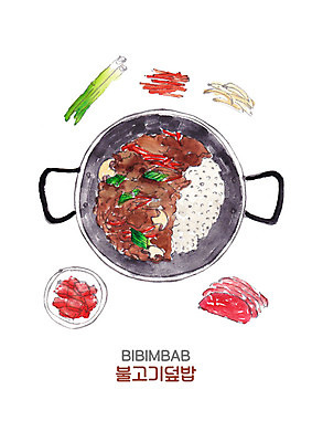 PSD 한식 음식 일러스트 캘리그라피 밥 양파 붓터치 사람없음 소고기 냄비 깍두기 비빔밥 파 불고기덮밥 국내일러스트 채소 김치 육류 솥 덮밥 파일형식