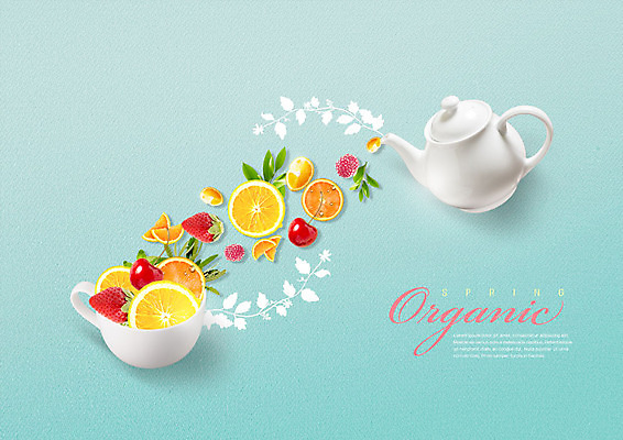 PSD 편집이미지 오렌지 과일 딸기 주전자 나뭇잎 사람없음 컵 봄 다양 신선 체리 레몬 자몽 유기농 베리 이미지편집 식기 웰빙 계절 다수 잎 주방용품 파일형식