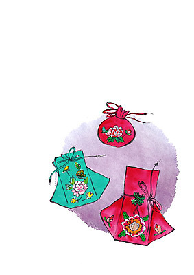 PSD 한국전통 일러스트 캘리그라피 붓터치 복주머니 전통소품 사람없음 오브젝트 국내일러스트 전통 한국 파일형식