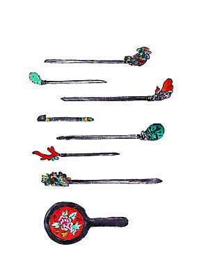 PSD 한국전통 일러스트 캘리그라피 붓터치 전통소품 사람없음 오브젝트 손거울 머리장식 비녀 국내일러스트 전통 한국 장식 거울 파일형식 헤어액세사리