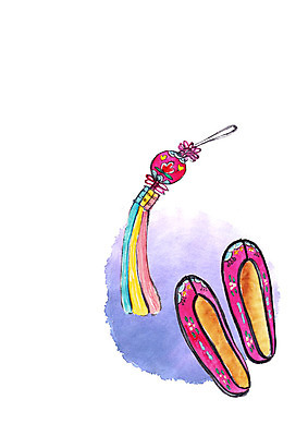 PSD 한국전통 일러스트 캘리그라피 붓터치 전통소품 사람없음 오브젝트 노리개 고무신 꽃고무신 국내일러스트 전통 신발 한국 파일형식