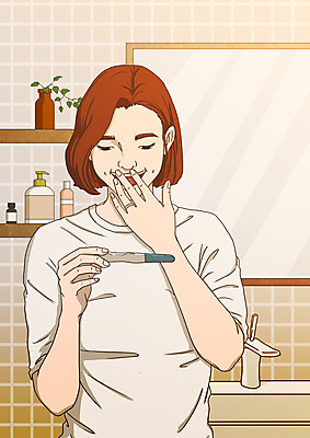 PSD 응시 여자 행복 일러스트 엄마 한명 서기 미소 들기 사람 상반신 성인 놀람 기쁨 거울 욕실 세면대 화장실 샴푸 임신테스트기 아트툰 성인여자한명만 국내일러스트 1 시선 감정 가족 모션 표정 위생용품 임신 의료용품 그림 여자한명만 성인여자만 파일형식