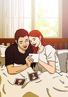 PSD 부부 응시 여자 남자 행복 일러스트 베개 안기 미소 사람 앉기 상반신 성인 두명 침대 커튼 창가 설레임 초음파사진 아트툰 성인만 국내일러스트 커플 시선 감정 가구 창문 침구 모션 표정 그림 파일형식