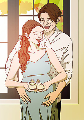 PSD 부부 여자 남자 행복 일러스트 엄마 서기 미소 들기 사람 상반신 성인 두명 임산부 아빠 창가 아기신발 백허그 태아 아트툰 성인만 국내일러스트 커플 감정 신발 창문 가족 모션 포옹 표정 임신 아기용품 그림 파일형식