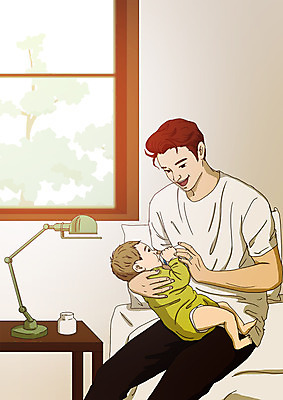 전신 PSD 남자 행복 아들 일러스트 가족 안기 탁자 전등 미소 사람 성인 두명 육아 침대 아기 아빠 젖병 먹여주기 창가 분유 부자지간 아트툰 남자만 남성육아휴직 육아대디 싱글대디 한부모가족 국내일러스트 감정 가구 창문 관계 모션 조명 표정 아기용품 먹기 그림 파일형식 육아휴직