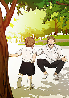 전신 PSD 나무 공원 남자 행복 아들 일러스트 가족 미소 사람 성인 두명 달리기 마주보기 아기 가족라이프 아빠 부자지간 아트툰 남자만 국내일러스트 식물 라이프스타일 공공시설 감정 관계 모션 표정 그림 파일형식