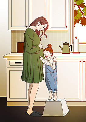 전신 PSD 여자 딸 어린이 일러스트 가족 모녀 엄마 서기 미소 사람 성인 두명 주방 다정 임산부 듣기 아기 싱크대 발판 아트툰 국내일러스트 컨셉 관계 모션 표정 임신 개수대 그림 파일형식