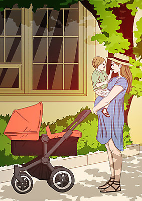 전신 PSD 나무 여자 남자 도로 아들 일러스트 가족 안기 엄마 서기 사람 성인 두명 마주보기 산책 임산부 아기 먹여주기 창가 유모차 아트툰 아들바보 국내일러스트 모자관계 식물 길 창문 관계 교통시설 모션 휴식 임신 아기용품 먹기 그림 파일형식