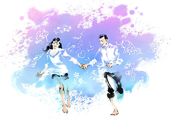 전신 PSD 커플 여자 남자 일러스트 캘리그라피 붓터치 성인 두명 달리기 손잡기 번짐 국내일러스트 관계 모션 사람 파일형식 효과