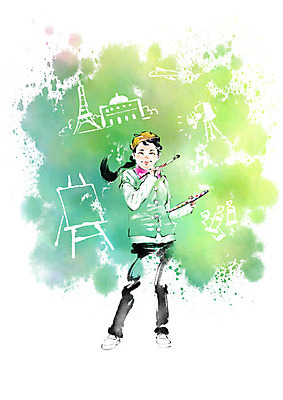 전신 PSD 여자 어린이 일러스트 캘리그라피 붓터치 미술 한명 서기 들기 물감 에펠탑 이젤 번짐 화가 국내일러스트 직업 1 모션 문화예술 사람 미술도구 파리 랜드마크 파일형식 효과