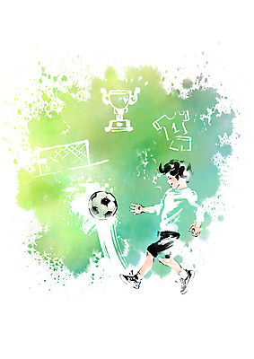 전신 PSD 남자 어린이 유니폼 일러스트 캘리그라피 축구공 붓터치 한명 달리기 축구 트로피 번짐 국내일러스트 1 옷 공 축구용품 모션 사람 구기 상_우승 파일형식 효과